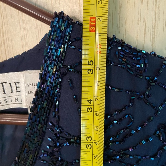 Vintage 90s Oleg Cassini Black Tie Beaded Silk Midnight Blue Cocktail Dress 6 - Picture 8 of 12